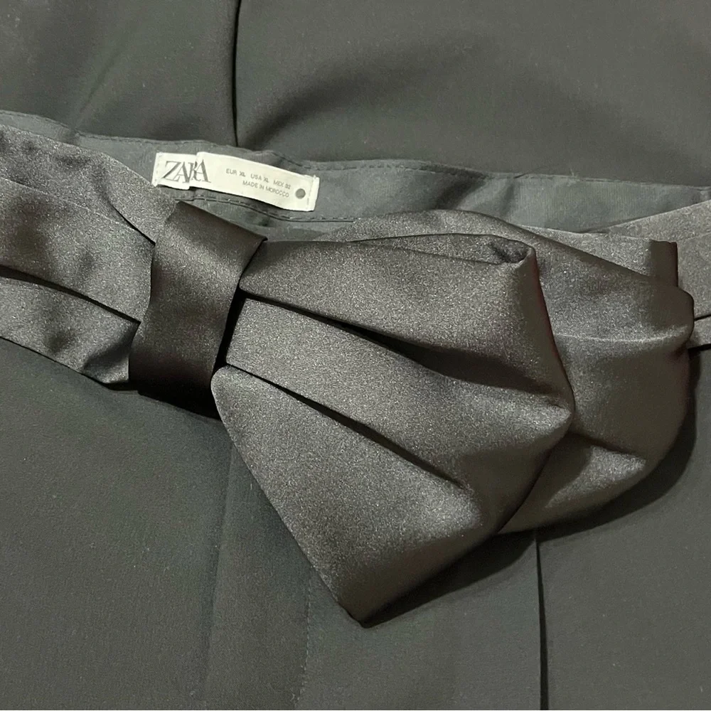 Zara Satin Bow Sash Belt Trousers Dress Pants Cocktail Black Size XL